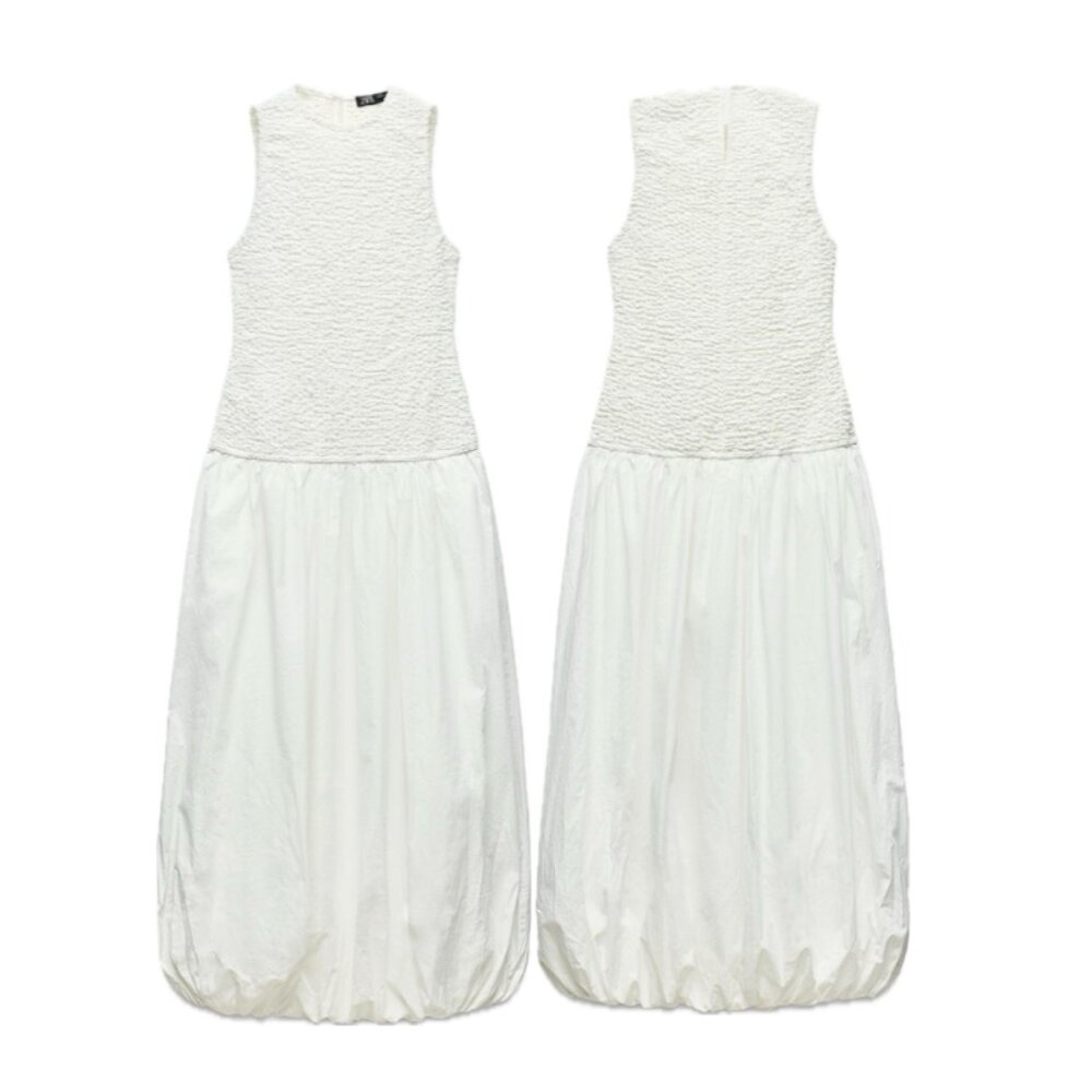 ZARA Textured Cotton-Poplin Sleeveless Balloon Hem Midi Dress (Oyster White)